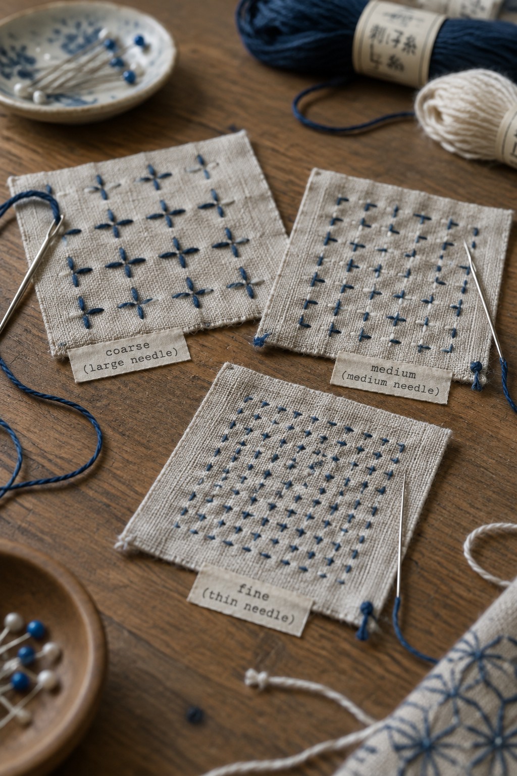 Three linen sampler squares with blue stitching demonstrate coarse, medium, and fine needle sizes.