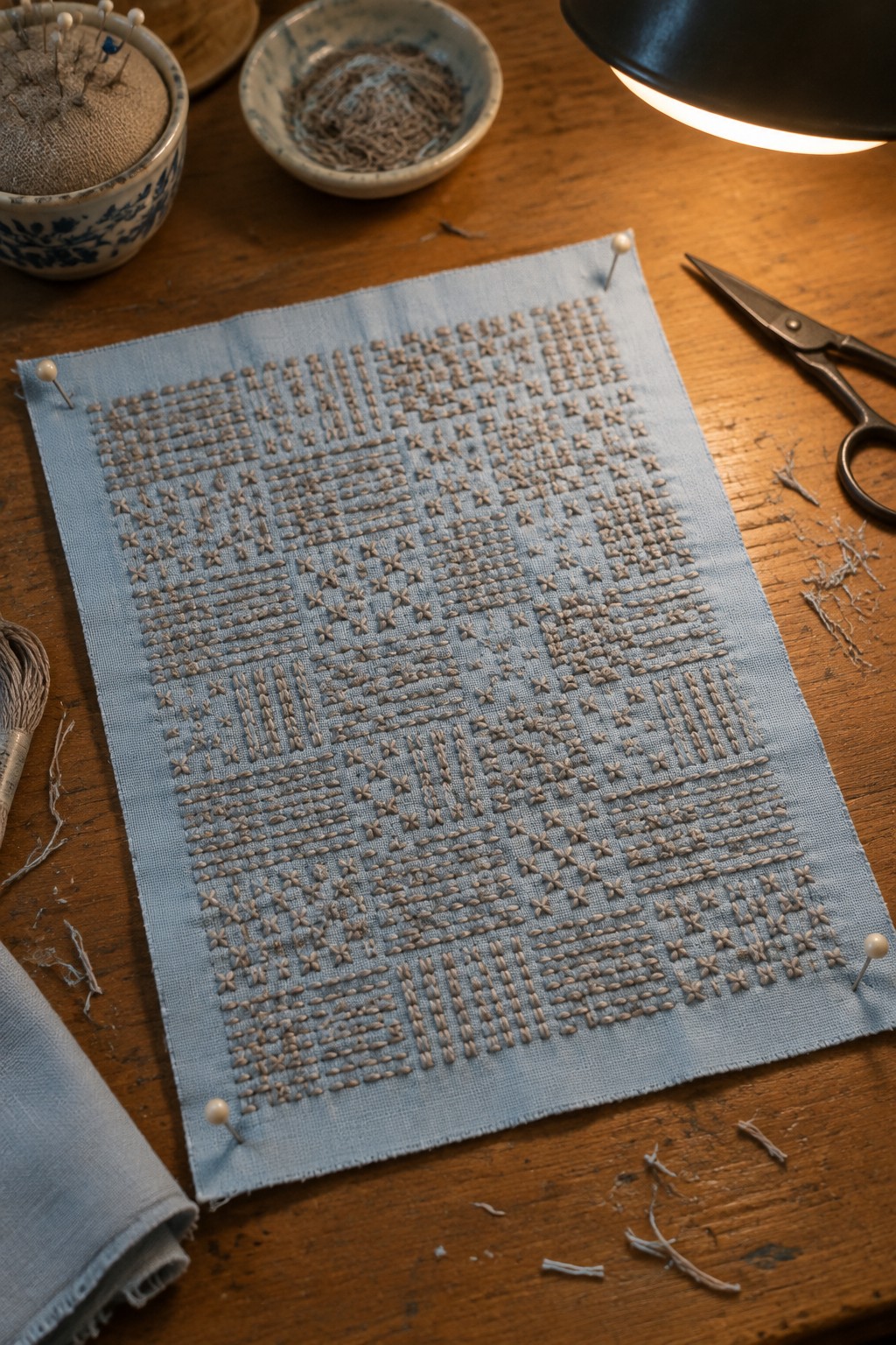 A light blue fabric square pinned to a wooden table and embroidered with a dense grid of geometric stitches in pale thread.