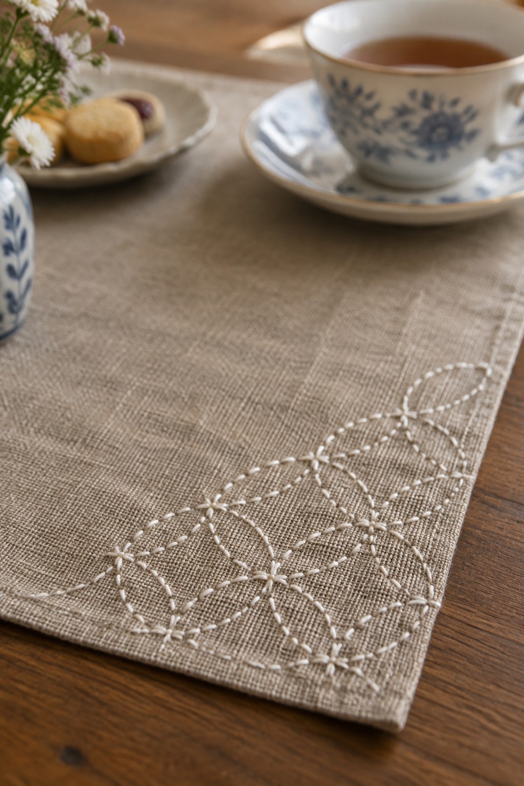 A beige woven table runner with white geometric embroidery along its edge beside a blue-and-white teacup and a small plate of cookies.
