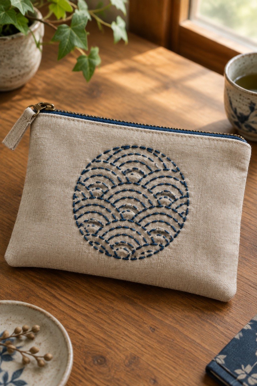 A beige zipper pouch with a blue circular wave embroidery pattern rests on a wooden table.