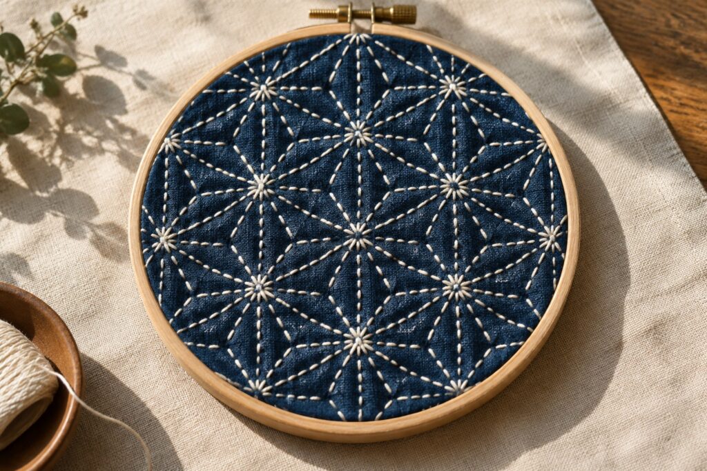 White geometric starburst stitches form a repeating pattern on indigo fabric held in a wooden embroidery hoop.