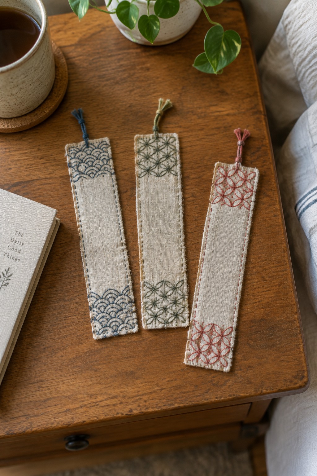 Three narrow fabric bookmarks with geometric embroidery and tassels lie on a wooden table beside a cup and a book.