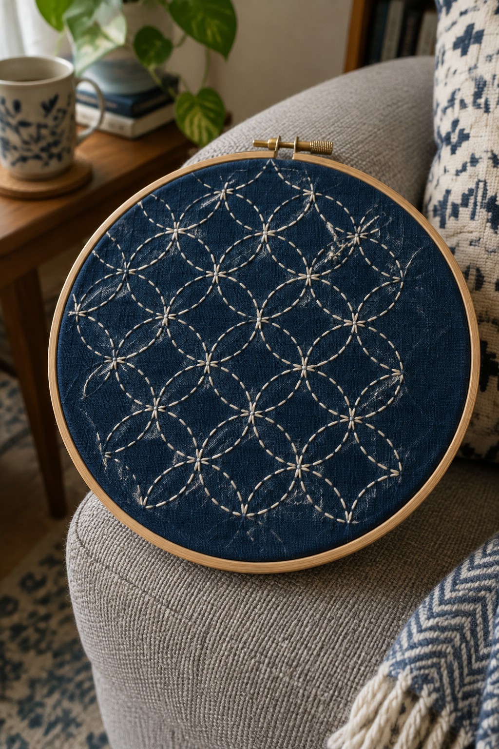 A round wooden embroidery hoop holds dark blue fabric stitched with a repeating pattern of overlapping circles in light thread.