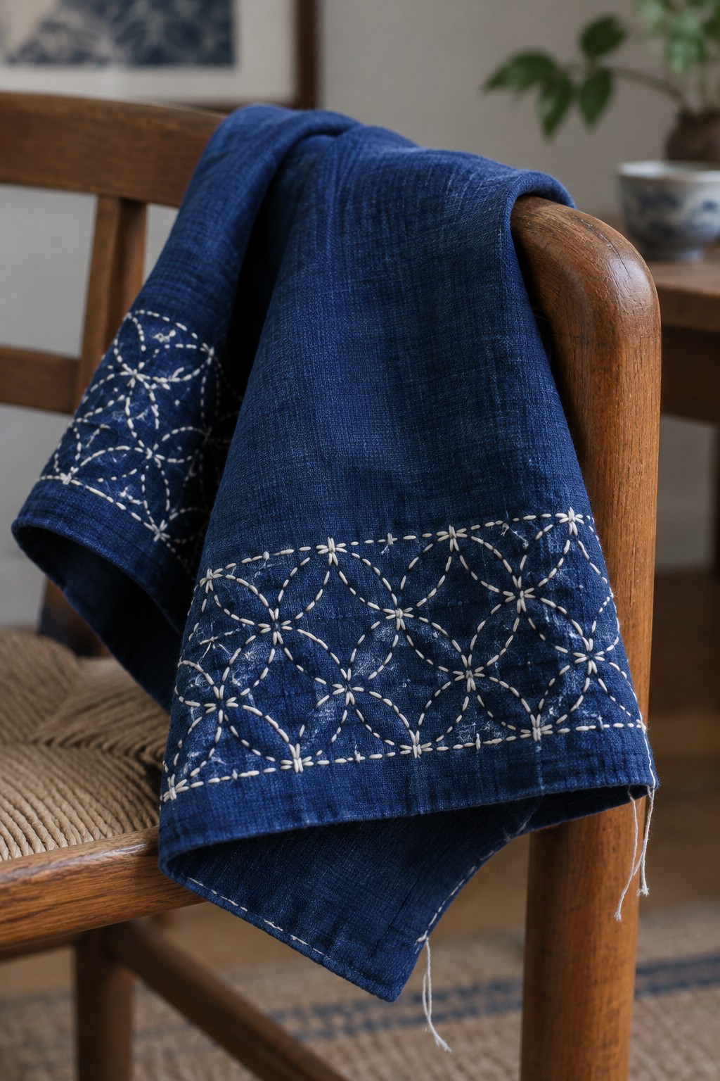 A blue cloth with white geometric sashiko stitching draped over a wooden chair.