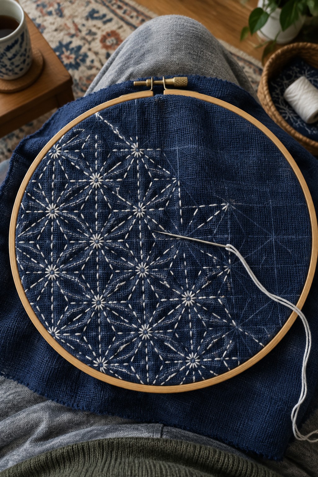 White sashiko starbursts form a geometric pattern on navy fabric held in a wooden embroidery hoop.