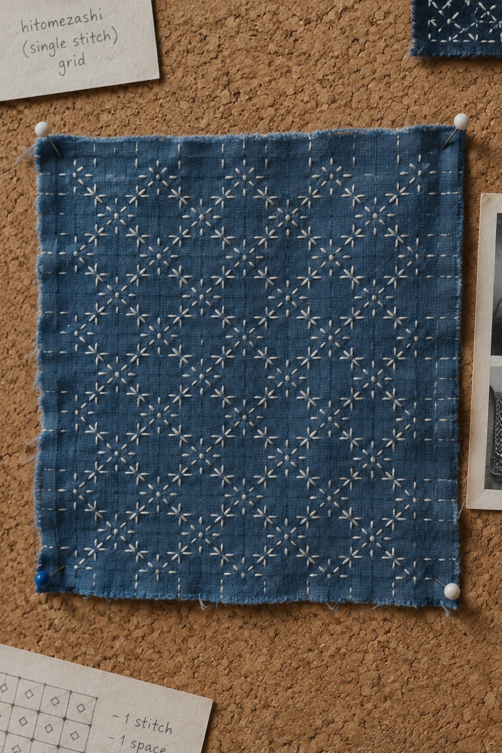 White starburst stitches are scattered across a square of blue fabric pinned to a corkboard.