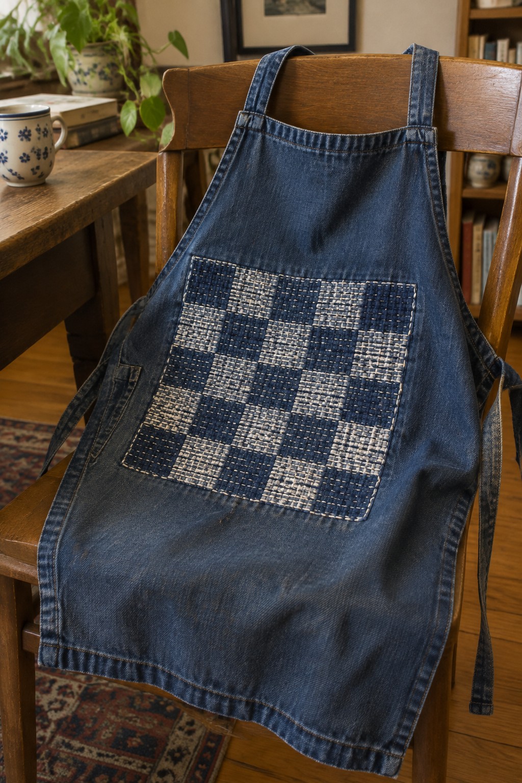 A blue denim apron with a rectangular checkerboard sashiko patch hangs over a wooden chair.
