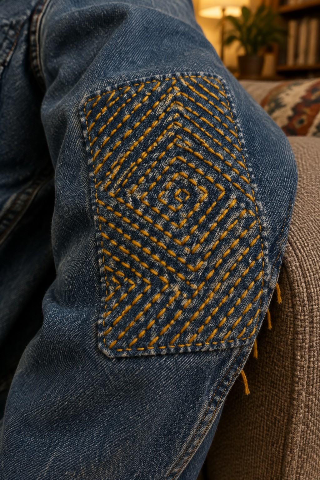 Mustard-yellow geometric stitching forms nested diamond lines on a denim knee patch.