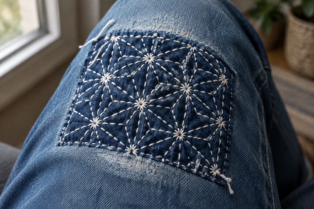 Cream geometric starburst stitching covers a dark denim patch sewn onto a blue-jean knee.