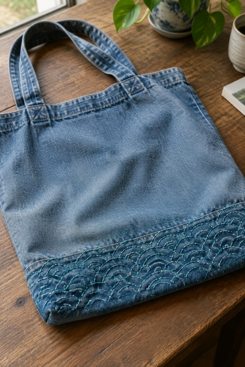 Blue denim tote bag with a turquoise geometric sashiko-style band embroidered along the bottom.