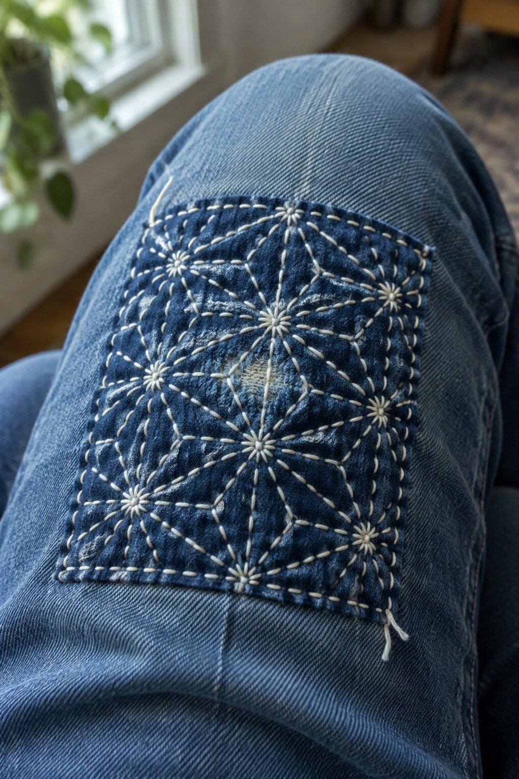 Cream geometric starburst stitching covers a dark denim patch sewn onto a blue-jean knee.