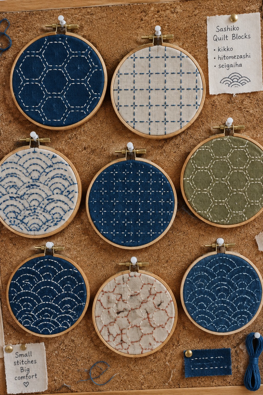 Embroidery hoops on a corkboard display assorted geometric sashiko patterns on blue, cream, and green fabric.