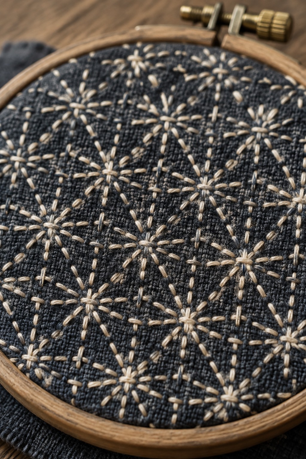 Cream starburst embroidery repeats across charcoal fabric stretched in a wooden hoop.