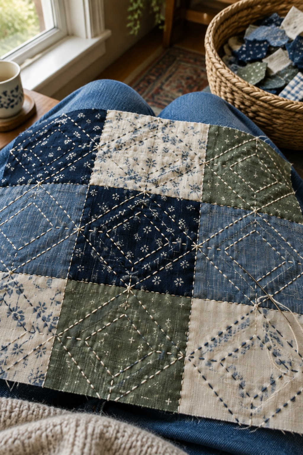 A geometric quilt with indigo, cream, and green fabric blocks stitched with diagonal lines rests across someone’s lap.