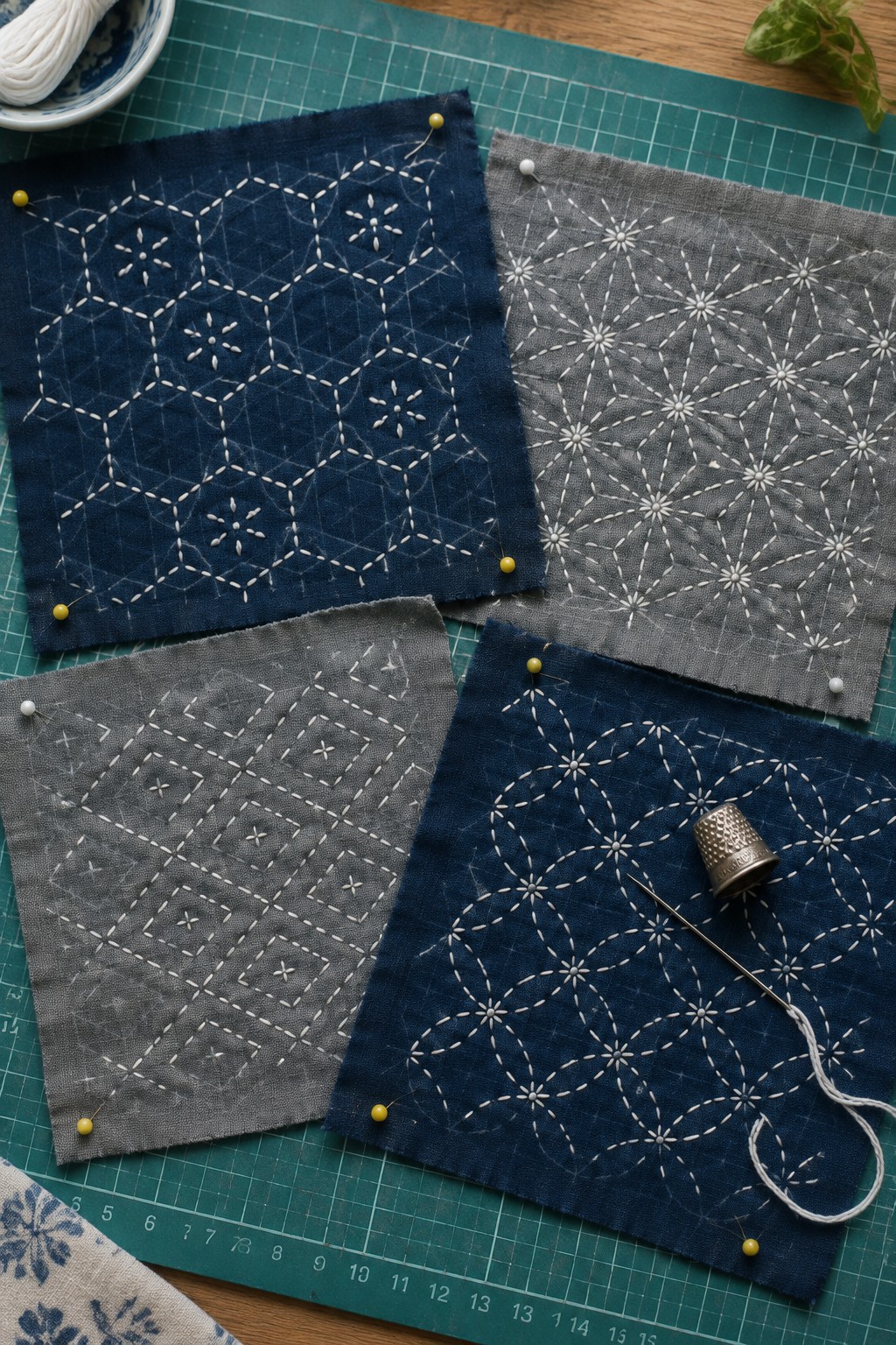 Indigo and gray fabric squares with repeating geometric sashiko stitching, pins, thread, and a thimble on a cutting mat.