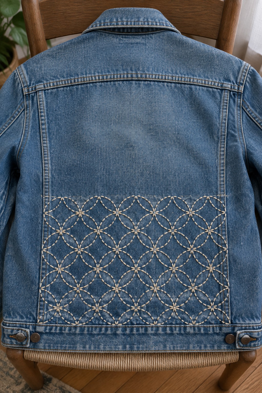 A blue denim jacket draped over a wooden chair, with cream geometric embroidery covering the lower back panel.
