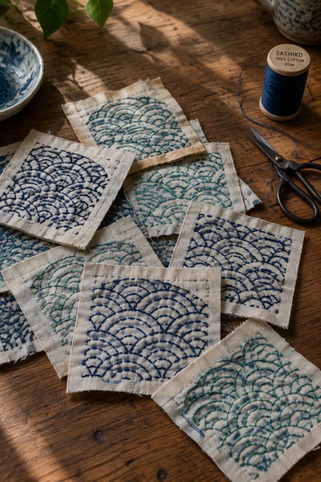 Cream fabric squares with blue and teal scallop embroidery arranged on a wooden table beside thread and scissors.