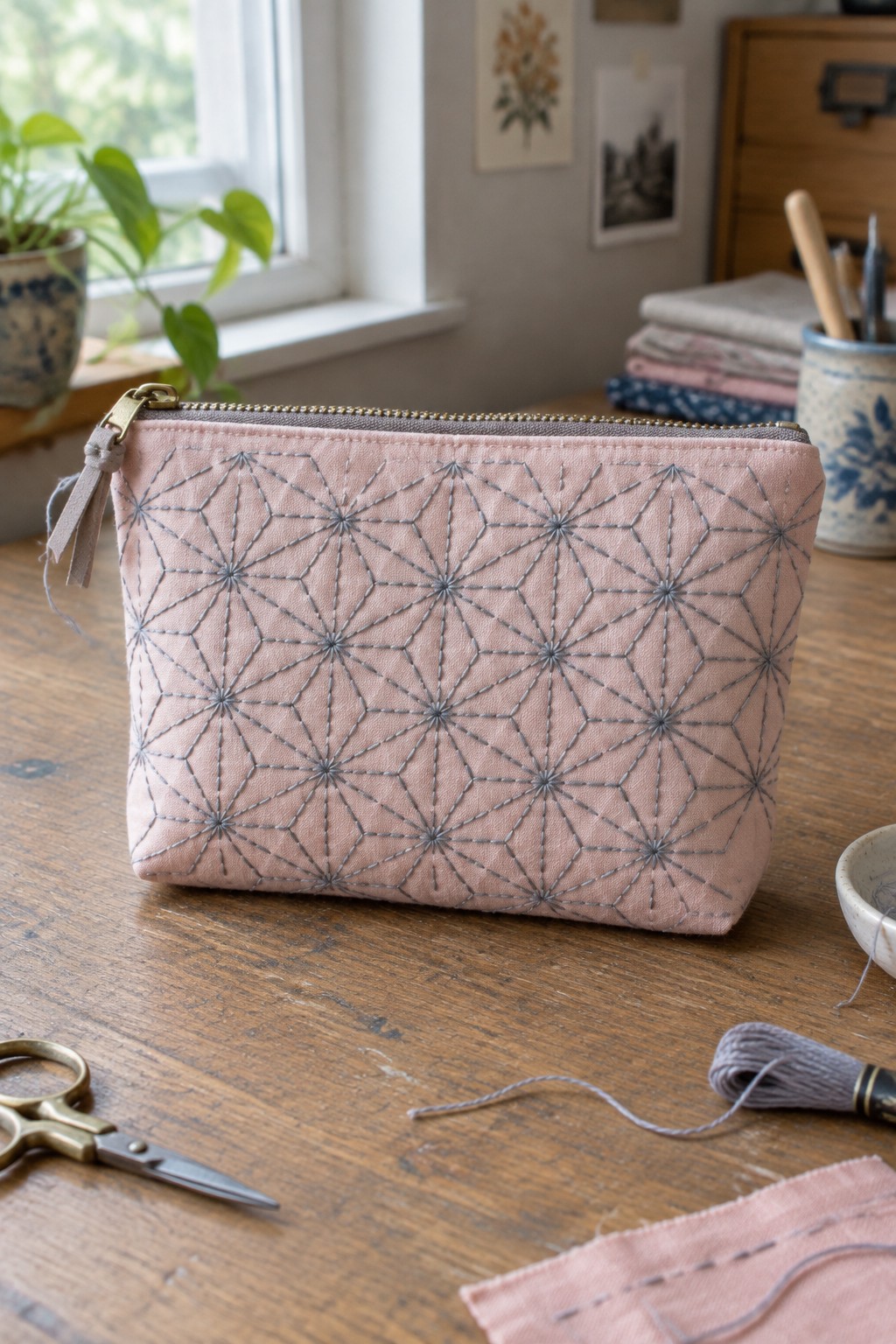 A dusty pink zip pouch with repeating gray geometric sashiko stitching sits on a wooden craft table beside scissors and thread.