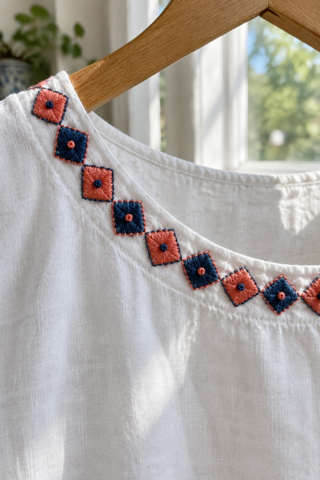 A white linen garment on a wooden hanger has alternating coral and navy embroidered squares arranged along its curved neckline.