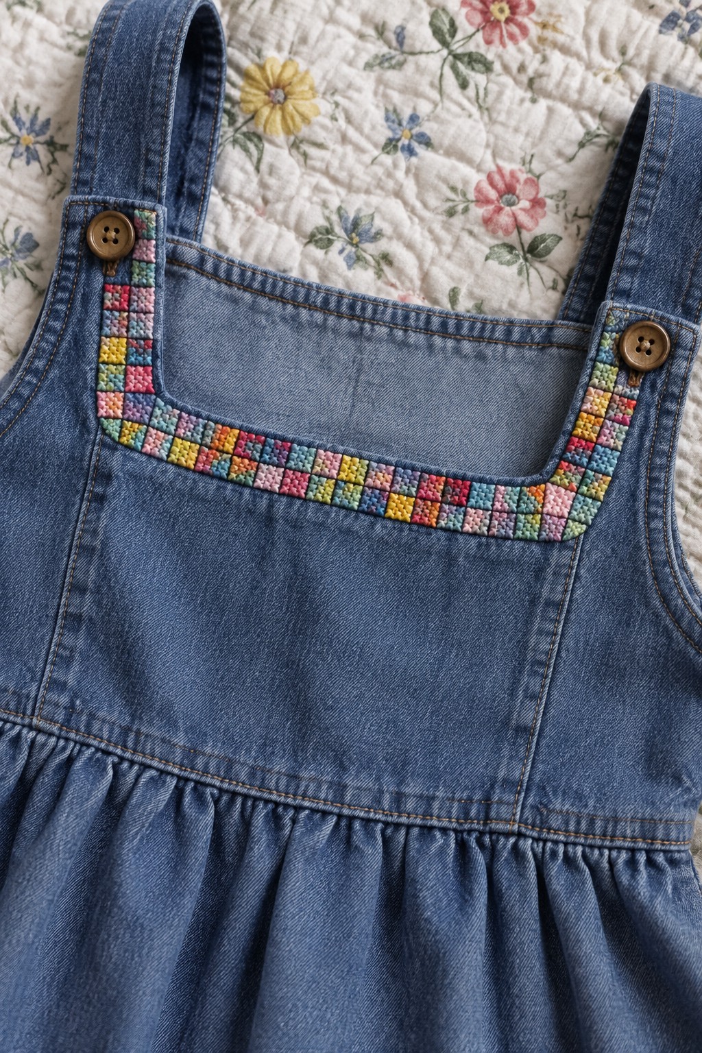 A denim pinafore with a colorful square-patterned border along its neckline and wooden buttons on the straps.