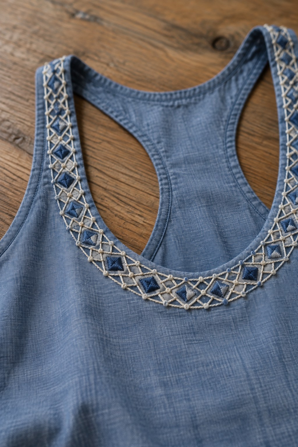Blue top with cream diamond lattice embroidery and blue accents along the scoop neckline and straps, lying on a wooden surface.