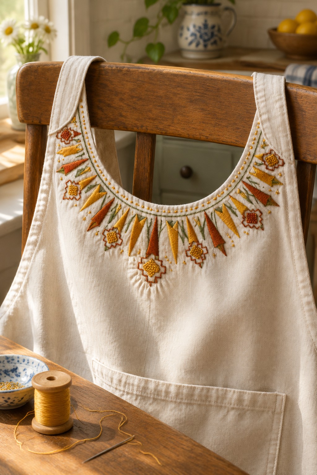 An ivory apron with rust, gold, and green geometric embroidery along its rounded neckline hangs over a wooden chair.