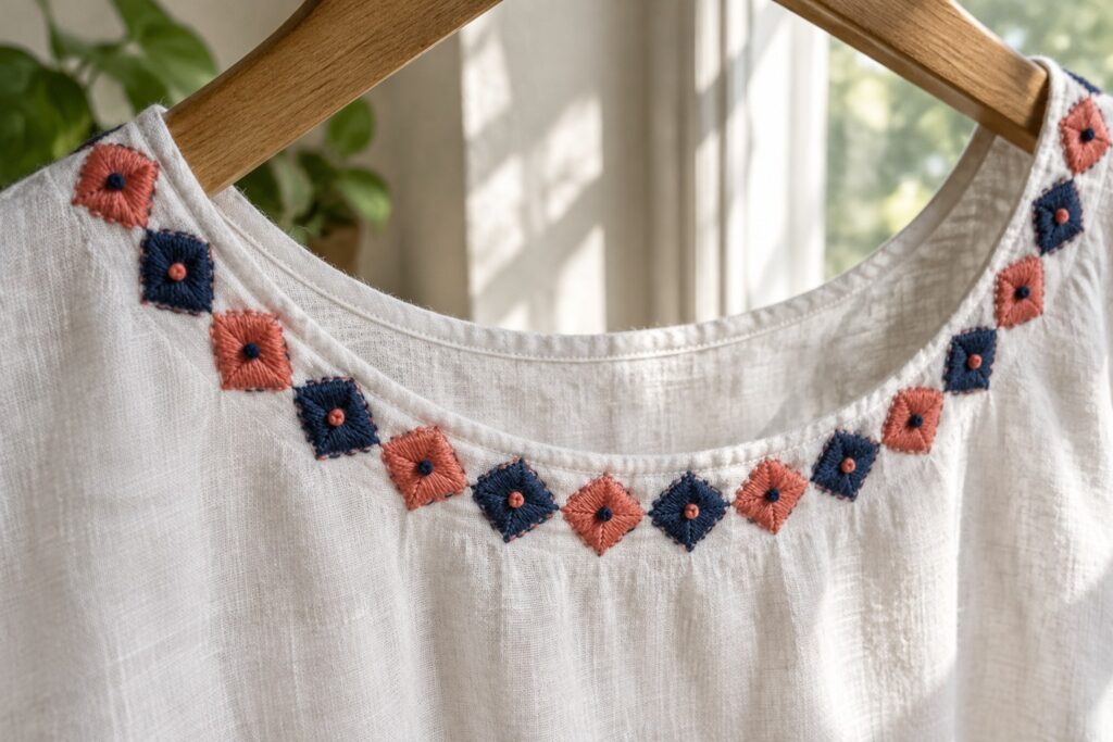 A white linen garment on a wooden hanger has alternating coral and navy embroidered squares arranged along its curved neckline.