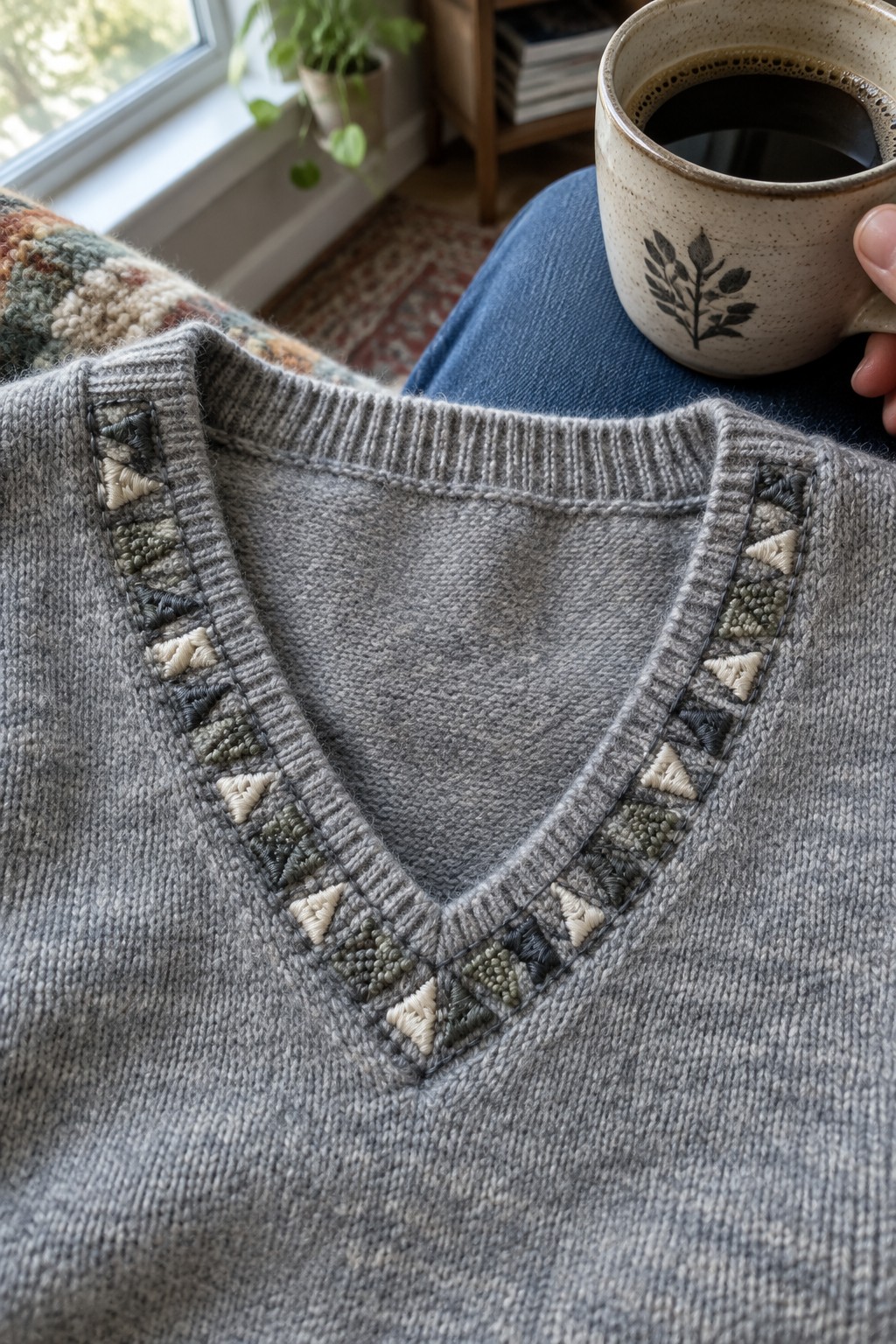 Gray knitted sweater with a V-neck bordered by repeating cream and green-gray geometric embroidery, held beside a cup of coffee.