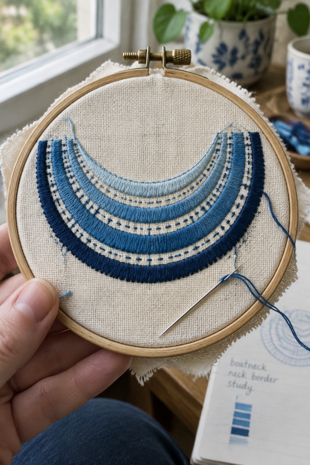 Blue layered crescent embroidery is stitched on fabric held in a wooden hoop beside a needle and color notes.
