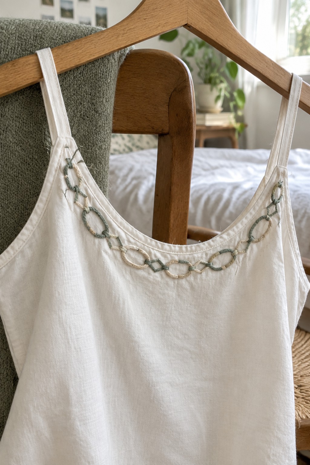 A white top with green and cream linked geometric embroidery along its scoop neckline hangs from a wooden hanger.