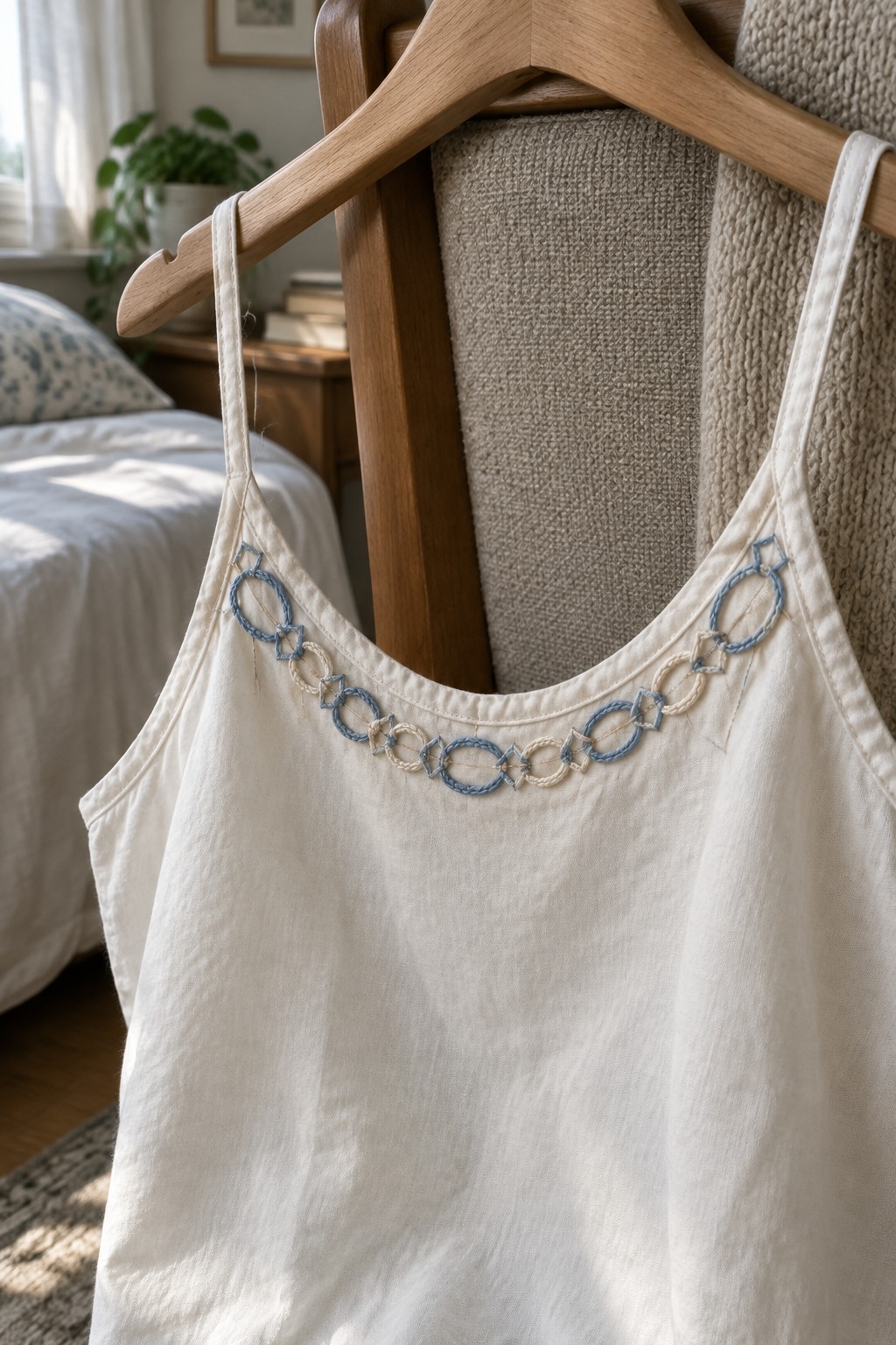 A white camisole with blue and cream linked oval embroidery along its scoop neckline hangs from a wooden hanger.
