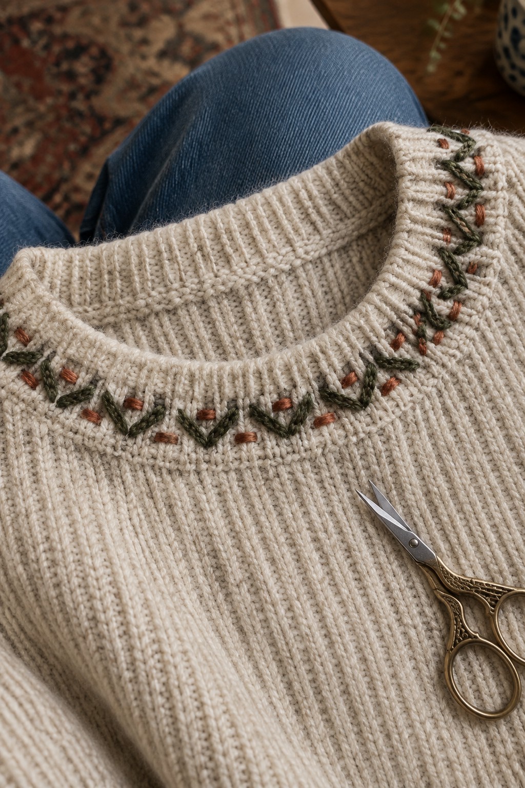 Cream ribbed sweater with a green and rust embroidered border around the neckline and small scissors resting on the fabric.