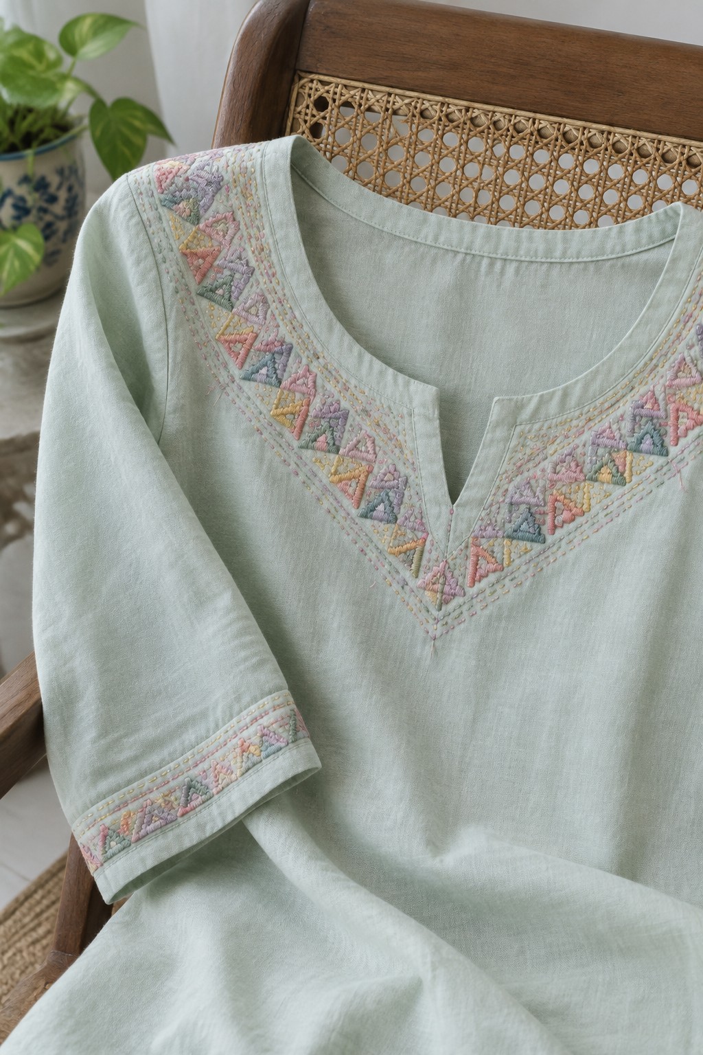 Pale green tunic with pastel geometric embroidery along the V-neckline and sleeve cuff, draped over a wooden chair.