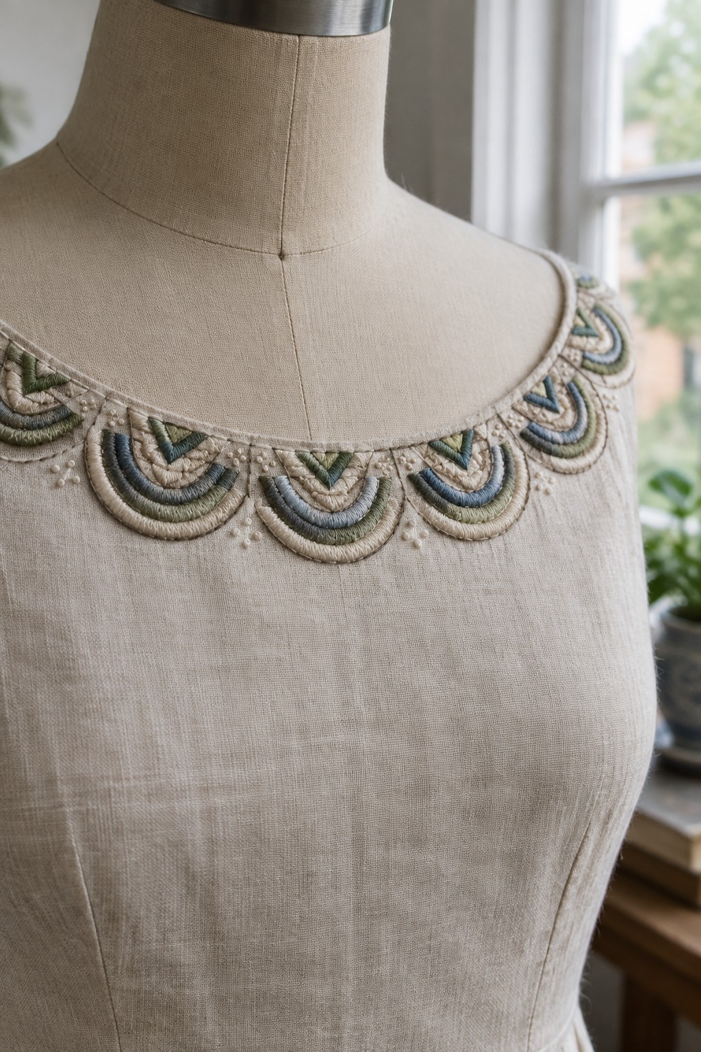 Layered blue, green, and beige geometric embroidery borders the rounded neckline of a linen garment on a dress form.