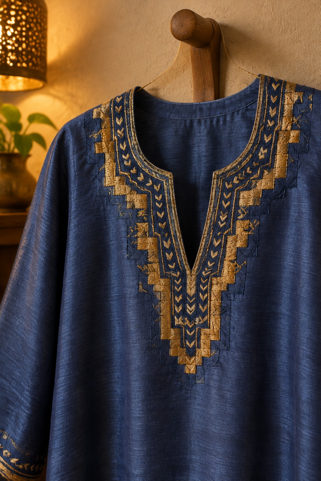 Dark blue tunic with a gold geometric embroidered border around its V-neck, hanging on a wooden peg.