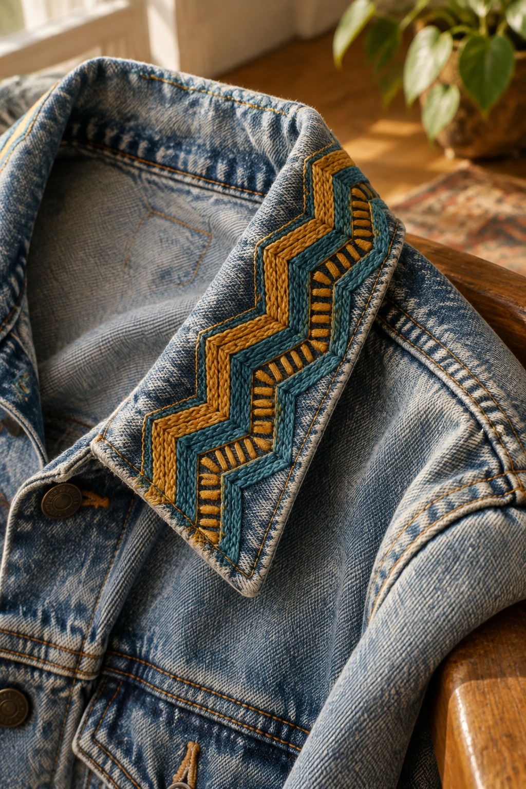 A blue denim jacket collar with a raised teal and mustard zigzag embroidery border.