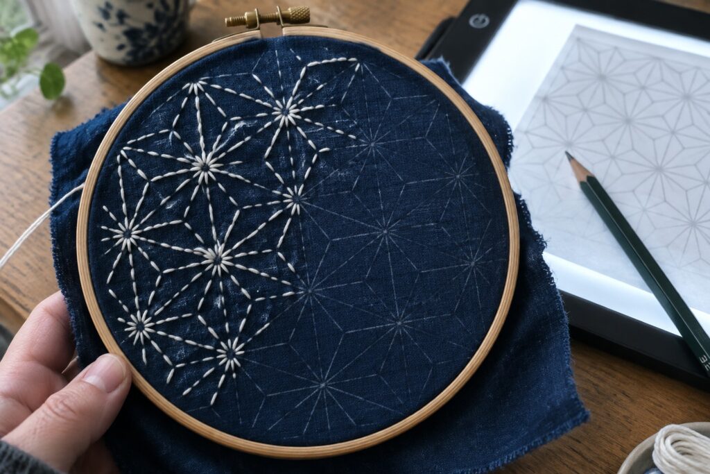 White geometric sashiko stitching covers part of dark blue fabric held in an embroidery hoop, with the pattern traced on the unstitched side.