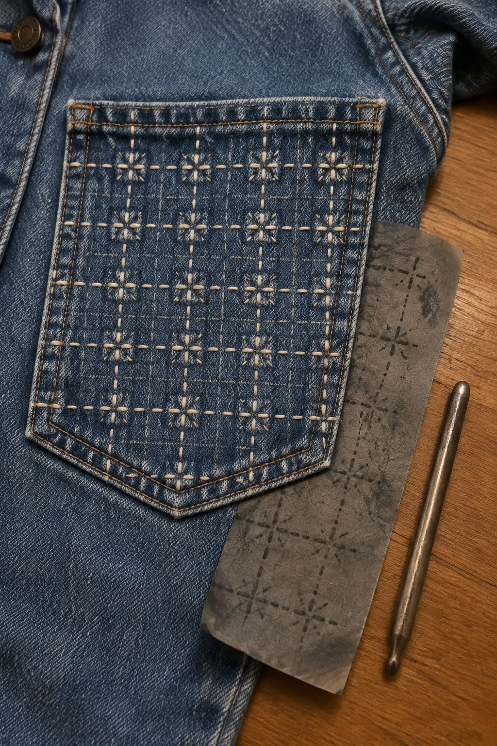 A denim jacket pocket embroidered with a cream grid of star-like motifs, beside a marked paper pattern and a metal tool.
