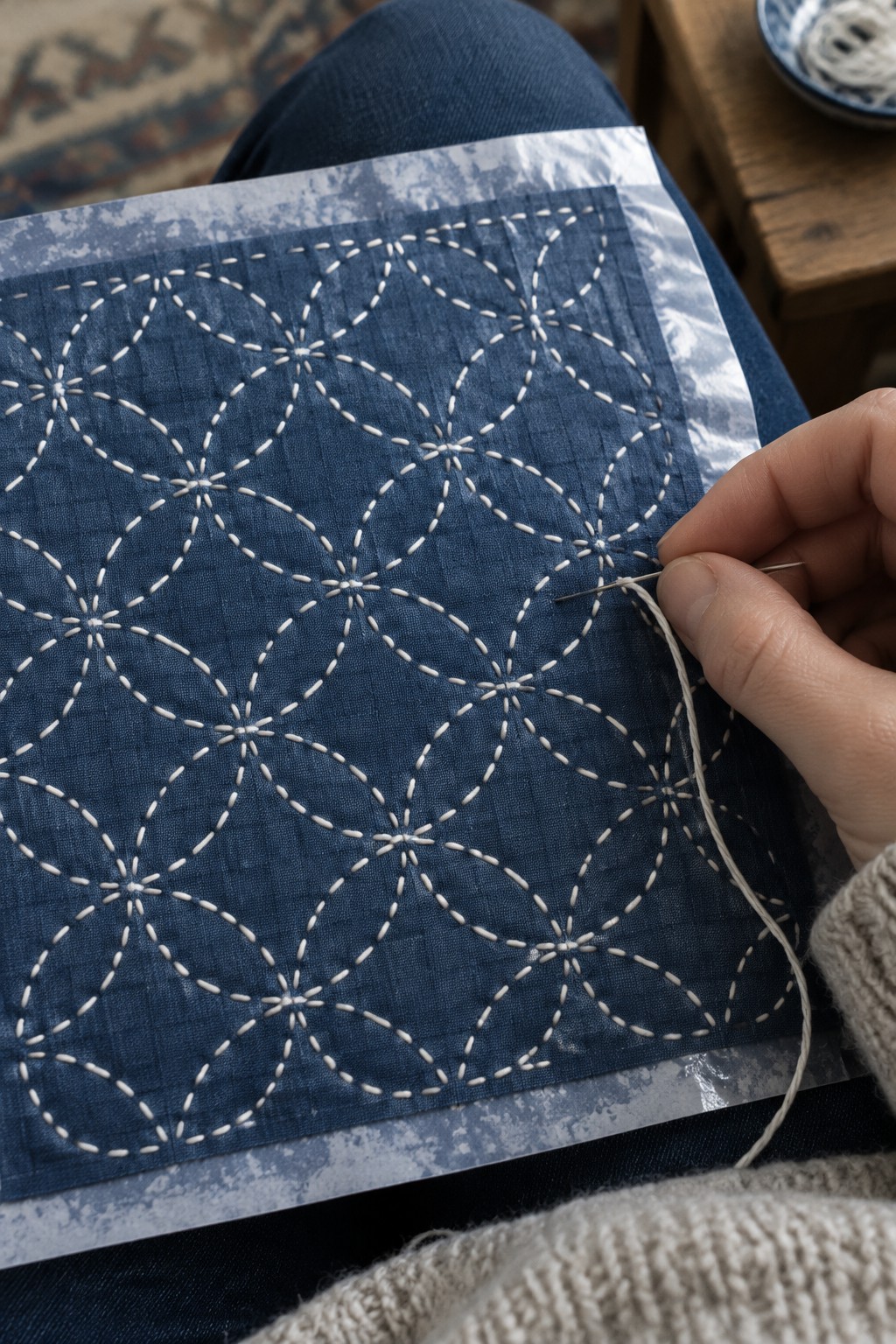 White running stitches form interlocking circles across dark blue fabric held in a person’s lap.