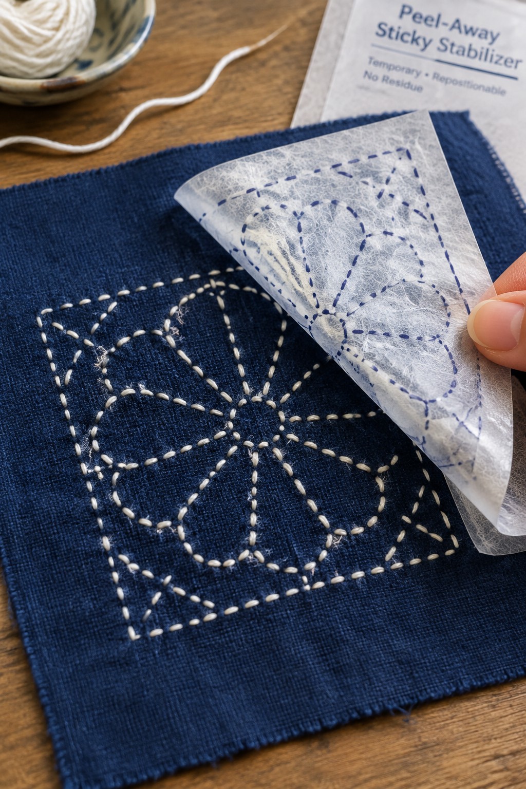 A hand peels a marked stabilizer from white-stitched curved motifs on navy fabric.