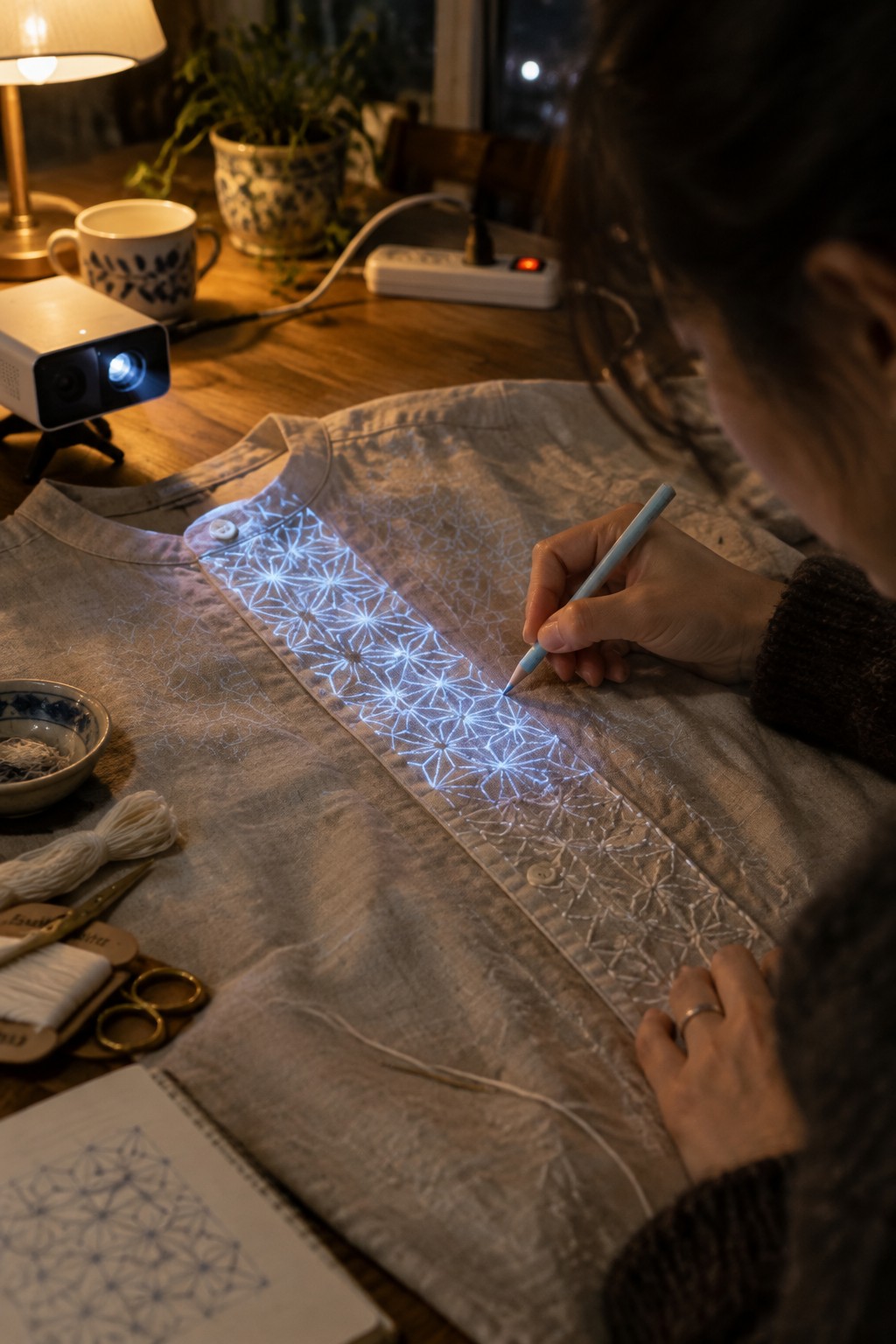 A person uses a pencil to trace a projected geometric pattern onto the placket of a shirt.