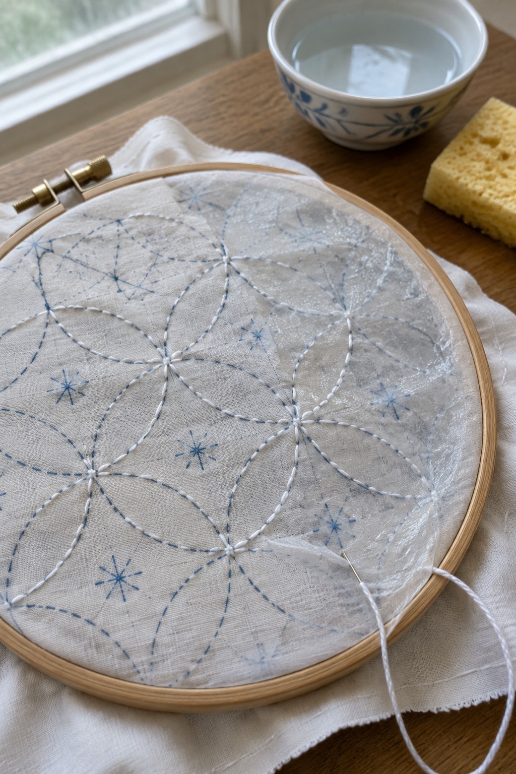White circular stitching follows a blue geometric guide on fabric held in an embroidery hoop, with a bowl of water and sponge nearby.