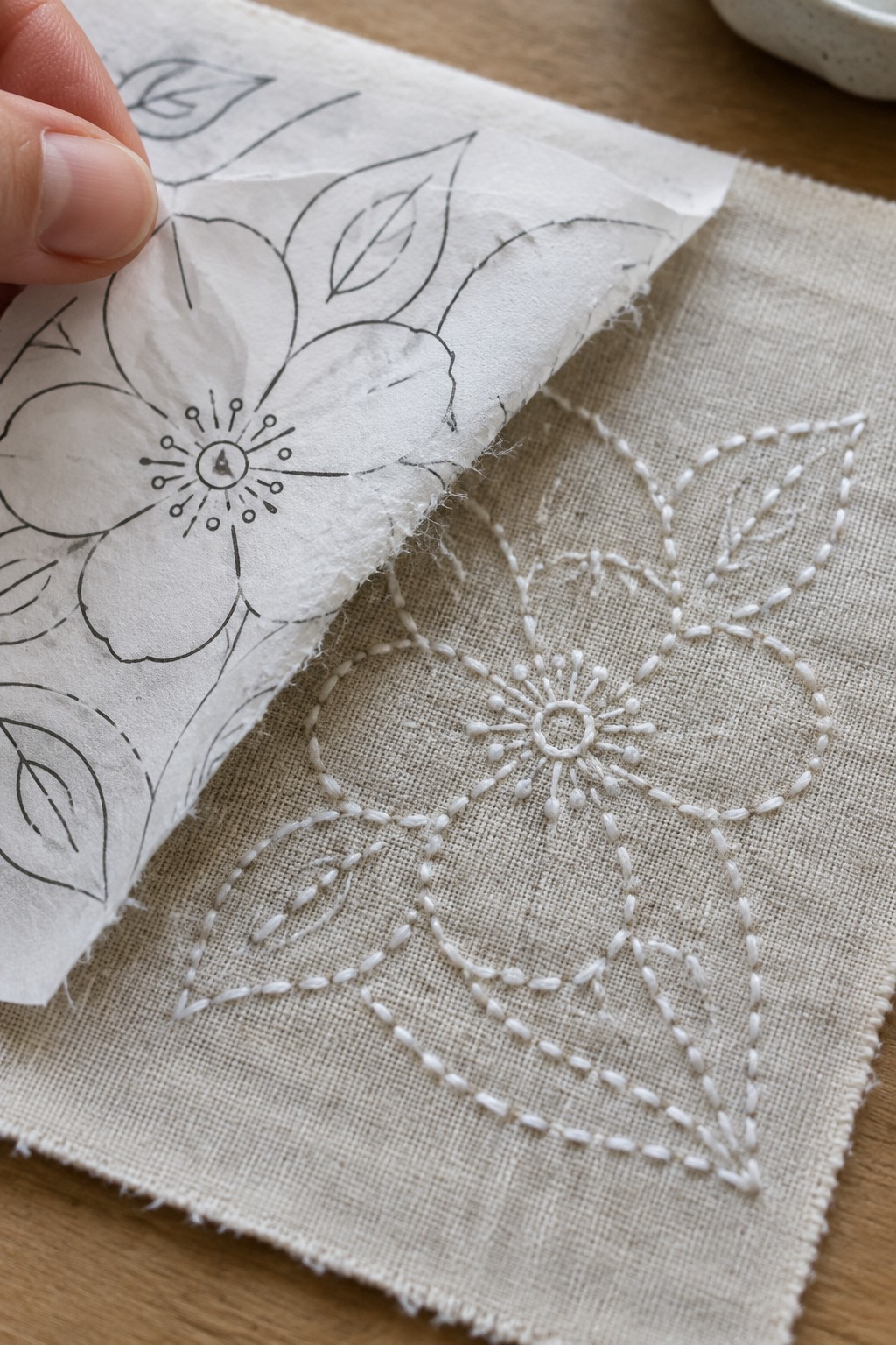 A hand lifts a paper floral pattern from linen embroidered with a white flower motif.