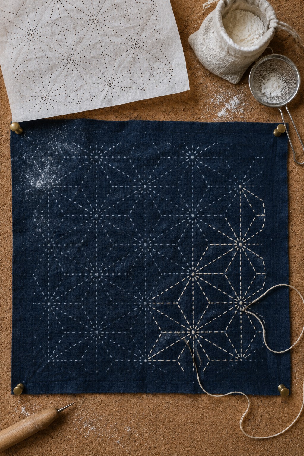 A navy fabric panel with a marked geometric sashiko grid, partially stitched in cream thread, sits beside a paper pattern, flour, and sewing tools.