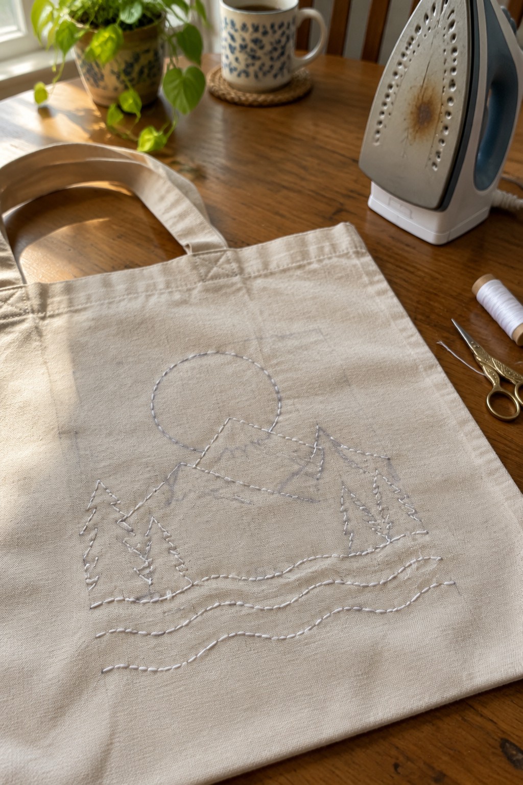 White stitched mountains, a round sun, and wavy water decorate a beige canvas tote on a wooden table beside an iron and sewing tools.