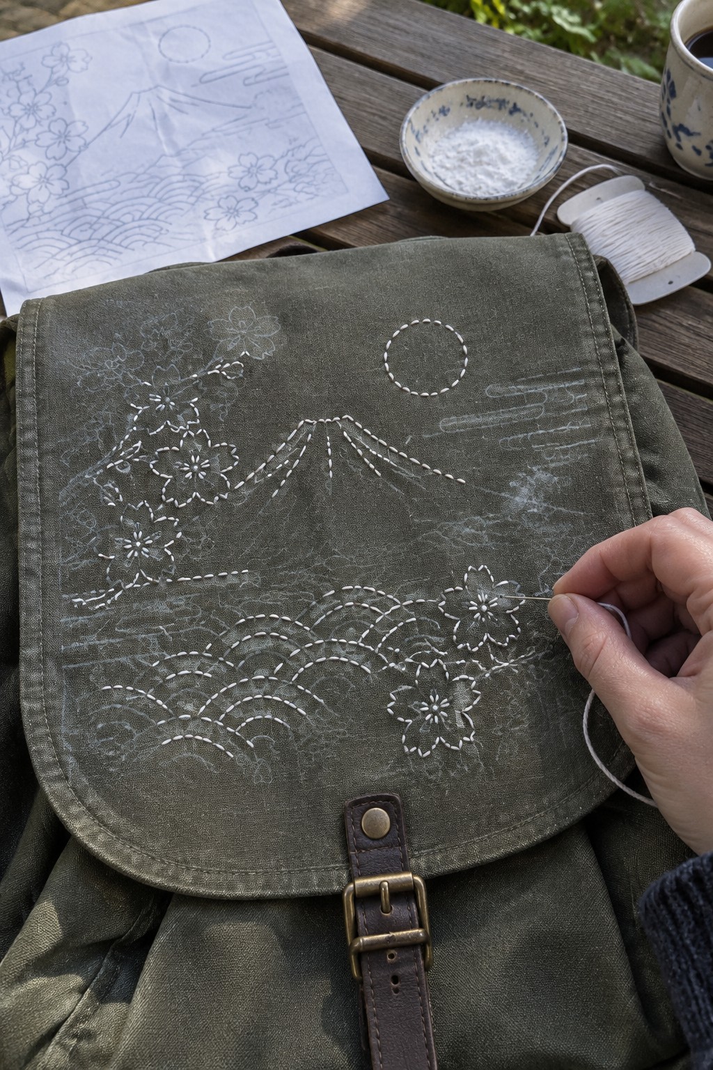 White sashiko landscape embroidery is being stitched on the flap of an olive backpack.