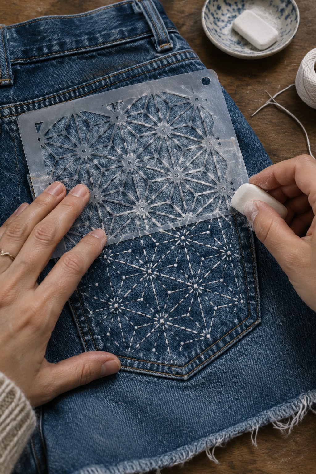 Hands use a stencil and white marking material to transfer a geometric starburst pattern onto a denim pocket.