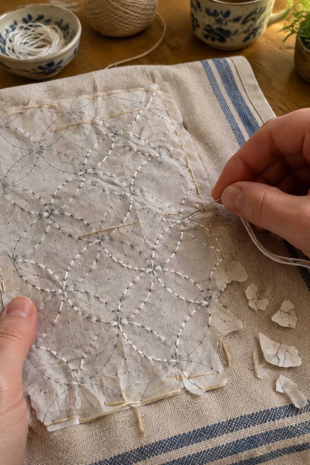 Hands stitch a white geometric pattern through fabric marked with overlapping circles.