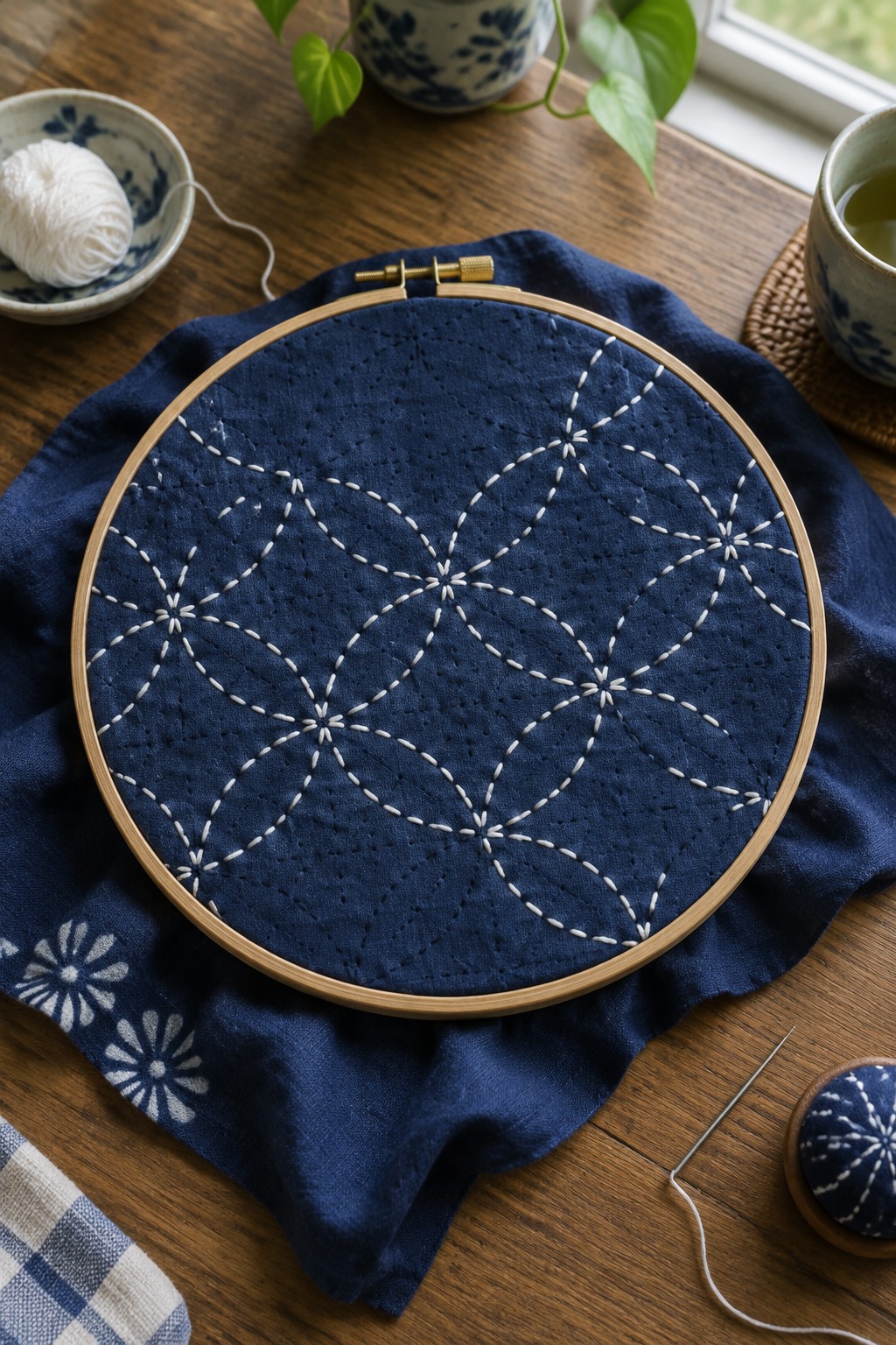 A wooden embroidery hoop holds navy fabric with a white interlocking circle pattern, surrounded by sewing supplies on a wooden table.