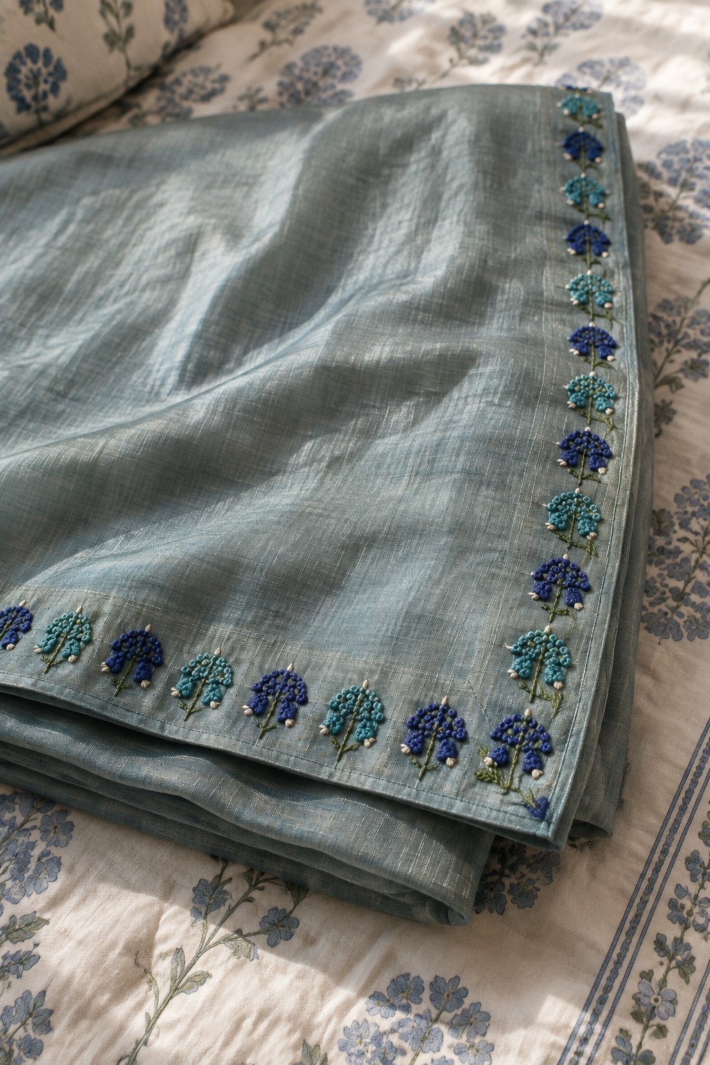 Folded sheer blue fabric with alternating blue and turquoise flower embroidery along two edges.